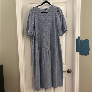 Blue Midi Sundress with Puff Sleeves and Crew Neck